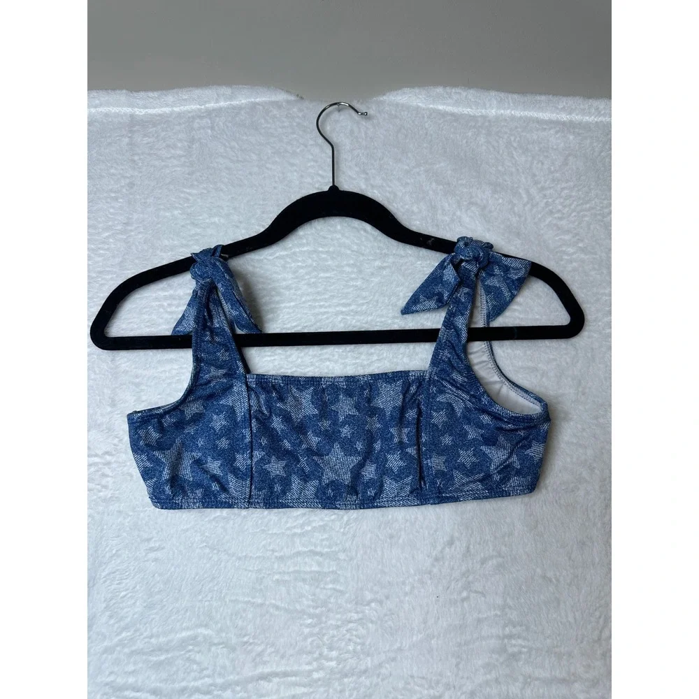 Verdelimon Denim Star Print Bikini Set Tie Shoulder Two Piece Blue Size M
